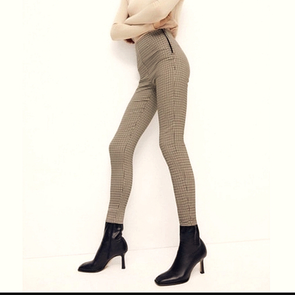 Zara: high rise stretch pants/leggings in checkered brown white and black